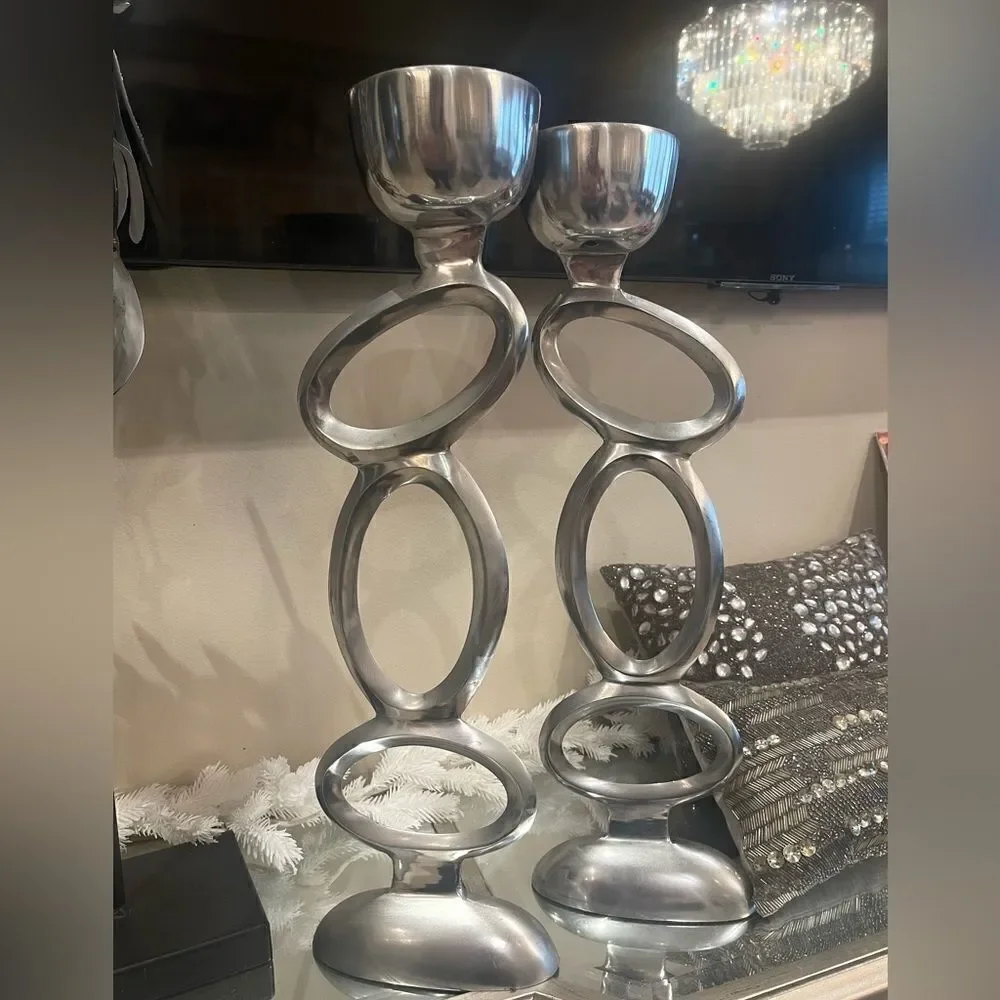 Modern Silver Sculptural Candle Holders Set of 2 Geometric Pillar Holders